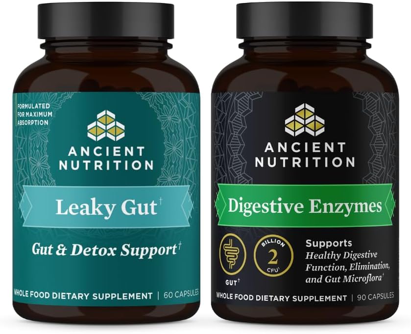 Ancient Nutrition Leaky Gut Capsules, 60 Count + Digestive Enzymes Capsules, 90 Count