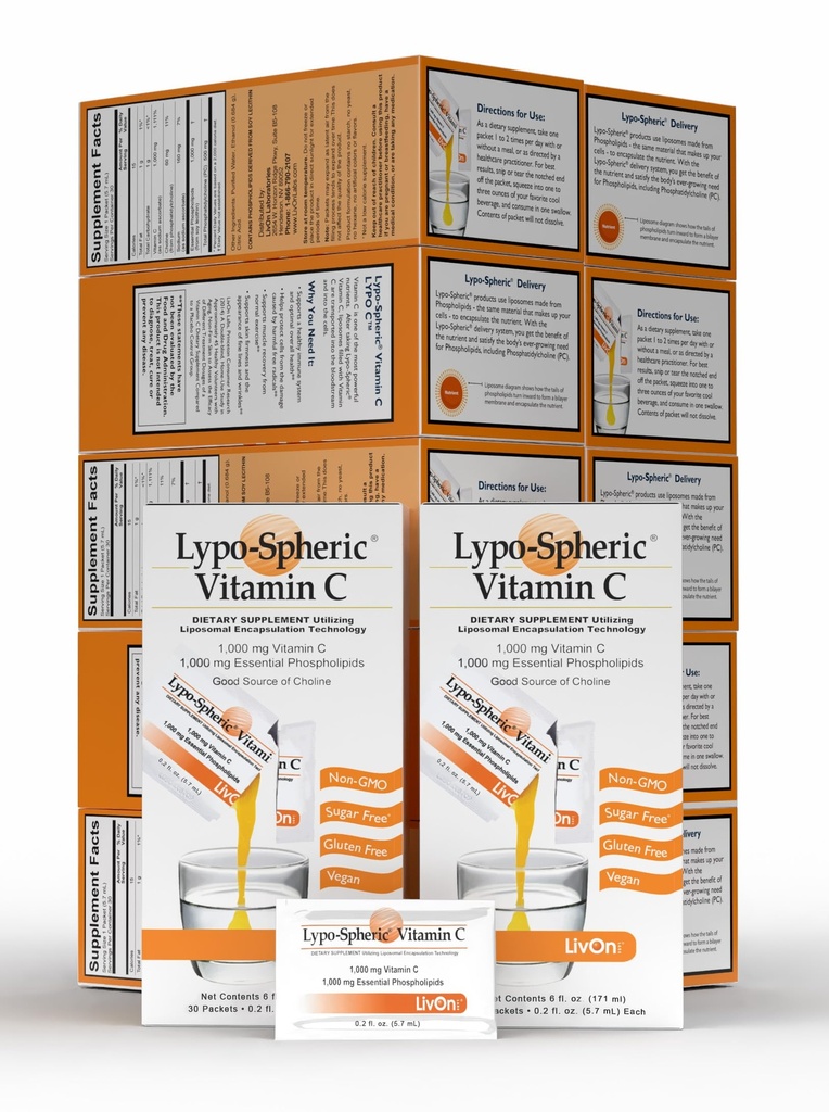 LivOnの実験室のLypo-SphericのビタミンC - 1000のmgのビタミンC及び1000のmgのパックごとのエッセンシャルPhospholipids–改善された吸収のためのLiposomeのカプセル封入–非GMO(12のカートン、360のパケット)