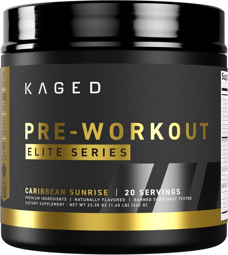 Kaged Pre Workout Powder Pre-Workout Elite for Men & Women High Stimulant for Energy, Focus, Pumps L-Citrulline, Beta Alanine, Creatine & 388mg of Organic Caffeine Caribbean Sunrise Servings