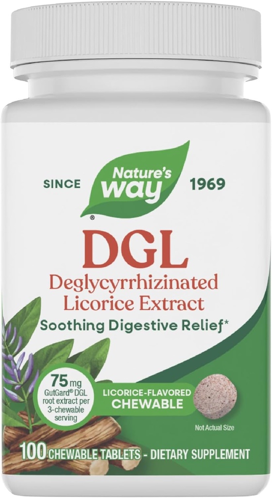 Nature's Way DGLのChewableタブレット、鎮静剤救済*、Occasional StomachのUpset*、Deglycyrrhizinated Licoriceのエキス、グルテンフリー、Licoriceの味付けされた、100のタブレット(パッケージ5月Vary)