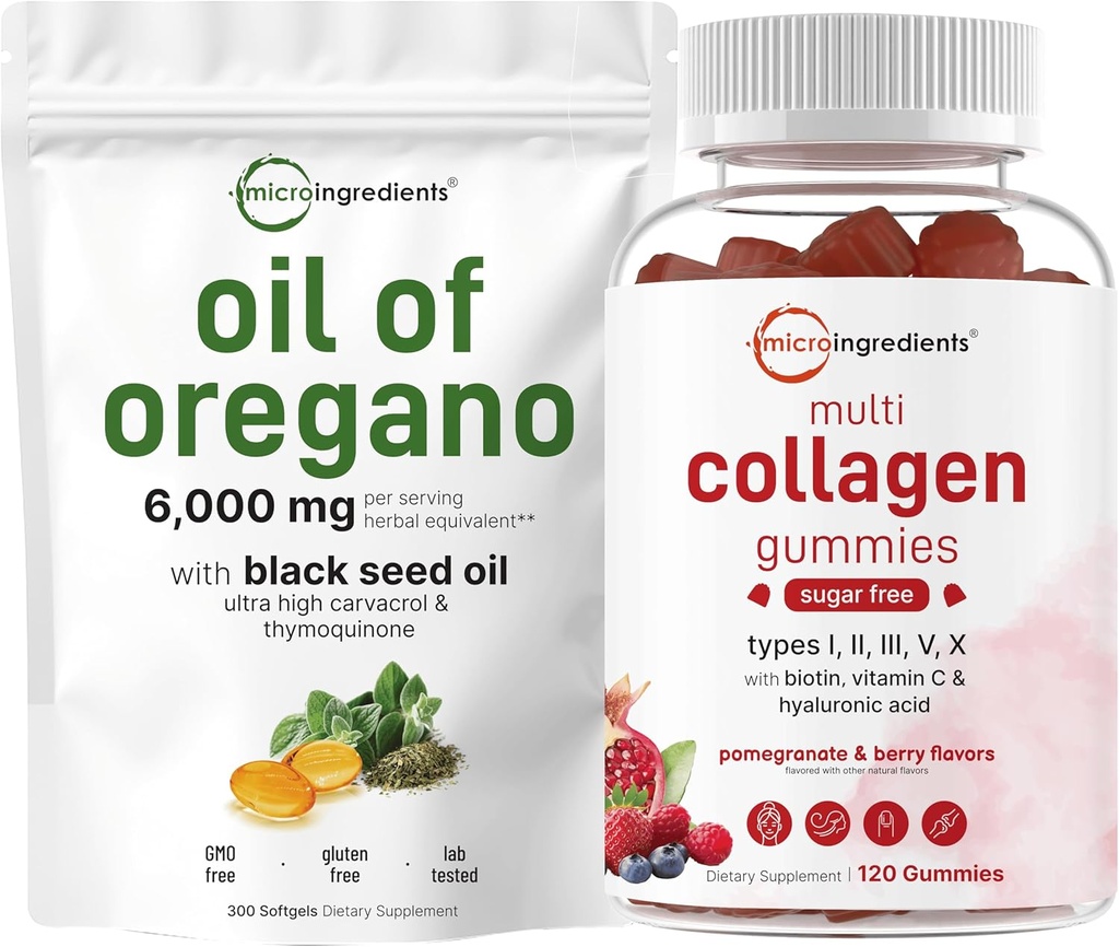 マイクロ成分 オレガノ軟ゲルの油 6,000mg/サービング&マルチコラーゲンペプチド ガミー バンドルパック | 4X 強度 カルバロール&チモキノン | タイプ I,II,III,V,X タンパク質