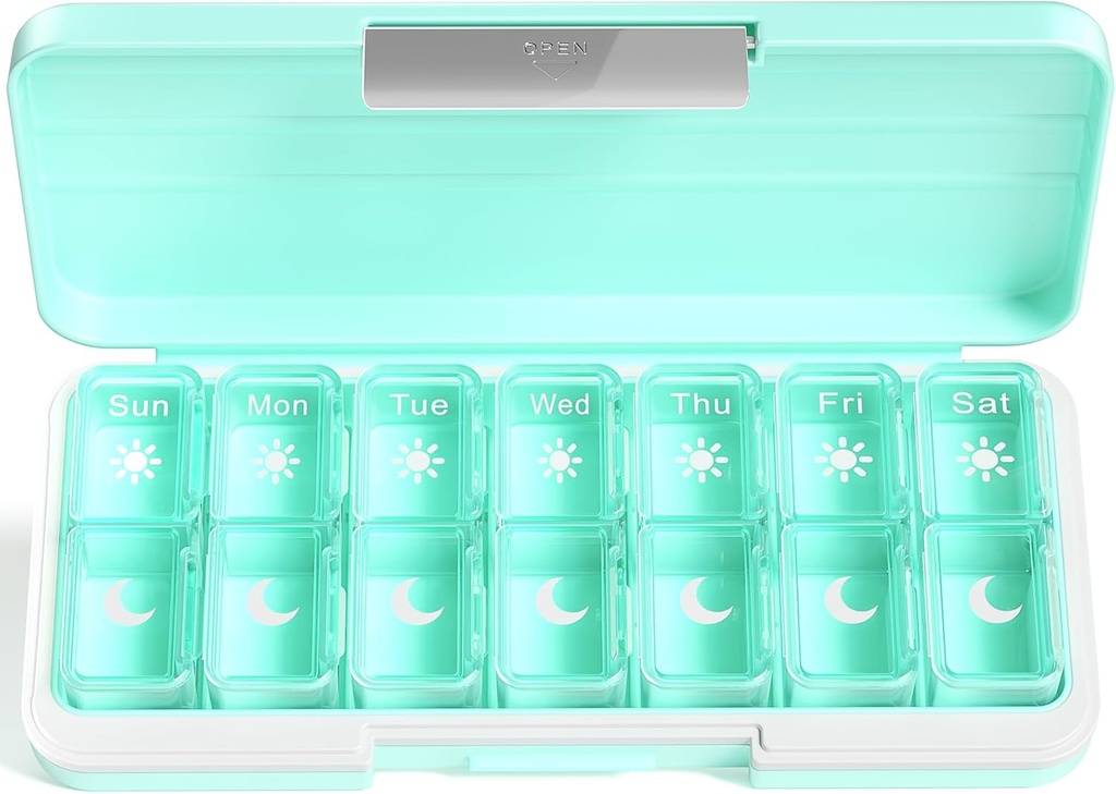 ZoksiはPmの丸薬のオルガナイザー7日、週刊の丸薬箱2日、別のコンパートメント、ビタミン、魚油、薬(緑)のための旅行丸薬の携帯用薬の丸薬のオルガナイザーを錠剤にします