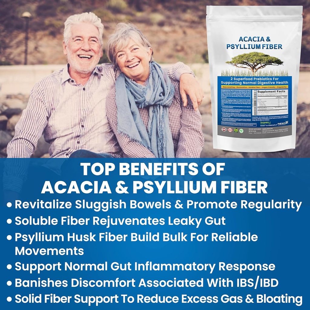Kidney Restore Organic Acacia & Psyllium Husk Fiber Powder - Prebiotic & Natural Supplement - Soluble Acacia & Psyllium Husk Powder - 1.5 lbs (48oz), 2 Packs
