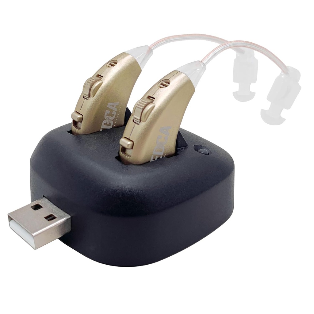 Digital Hearing Amplifiers - Rechargeable BTE Personal Sound Amplifier Pair with USB Dock - Premium Gold Behind The Ear Sound Amplification - by NewEar