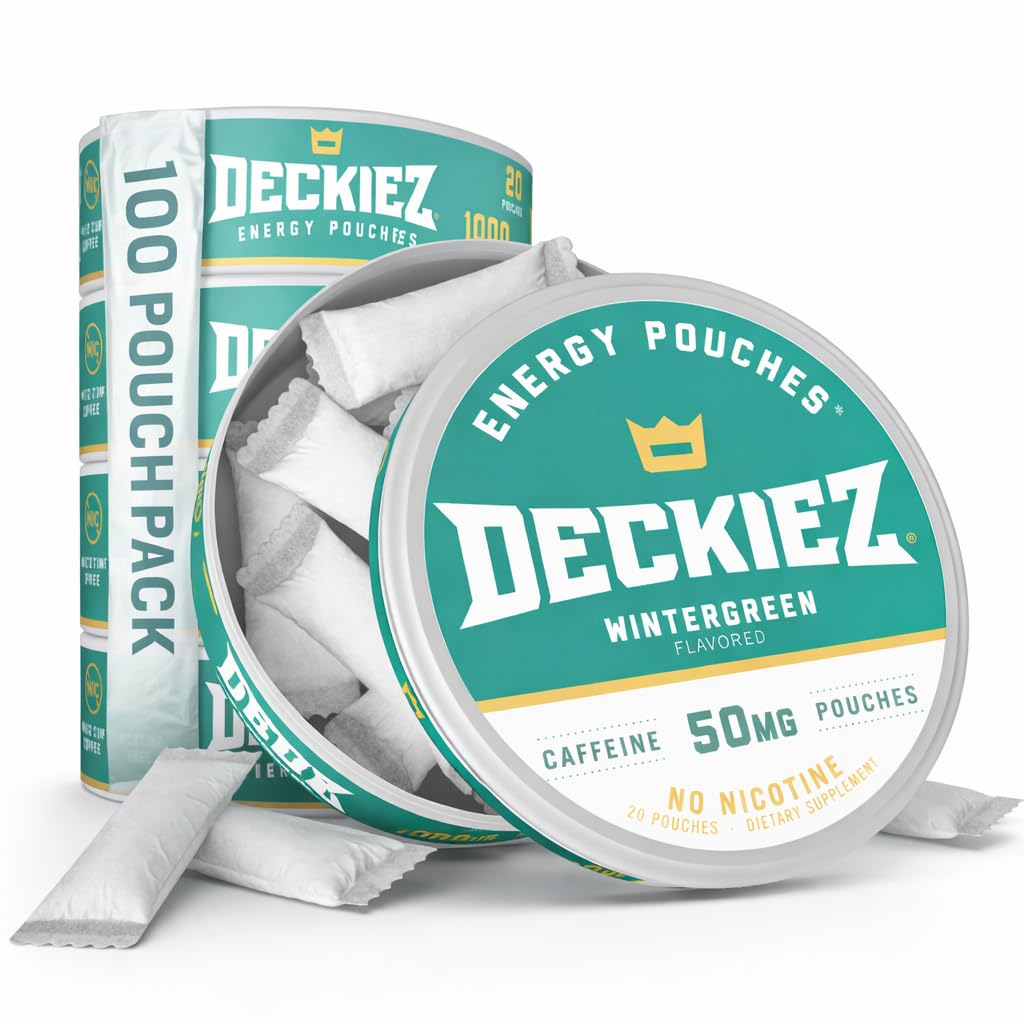 Deckiez エネルギー ポーチ, 5 缶 (100 サービング), 砂糖 無料のカフェイン サプリメント, コーヒー ポーチ & エネルギー ドリンク 代替, 50 mg カフェイン ポーチ, ウィンターグリーン 味