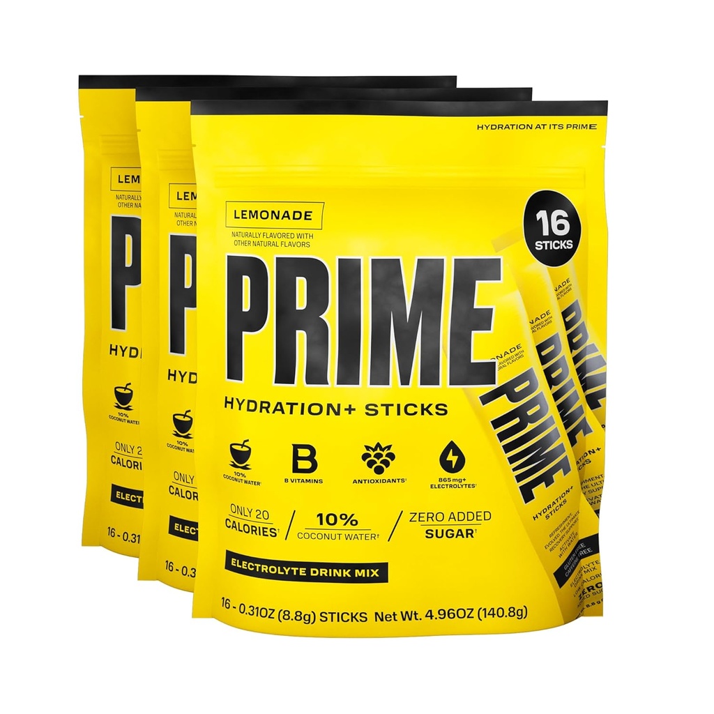 PRIME HYDRATION+ Sticks Lemonade | Hydration Powder Single Serve Sticks | Electrolyte Powder On The Go | 250mg BCAAs, B Vitamins, Antioxidants | Low Sugar | Caffeine-Free | Vegan | 48 Sticks