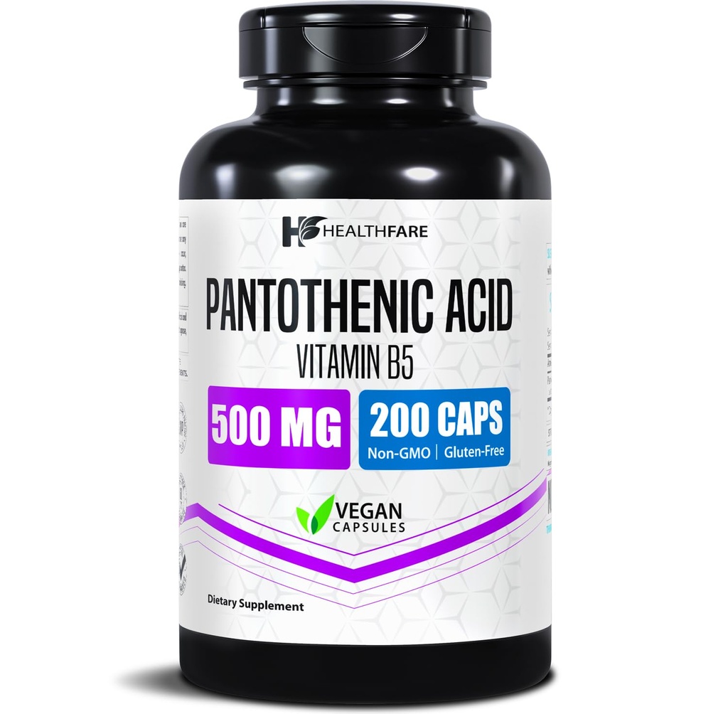 Healthfare Pantothenic 酸 500mg ビタミン B5 サプリメント | 200 ビーガンカプセル | 余分な強度エネルギー & 代謝サポート | 非GMO、グルテンフリー | アメリカ製