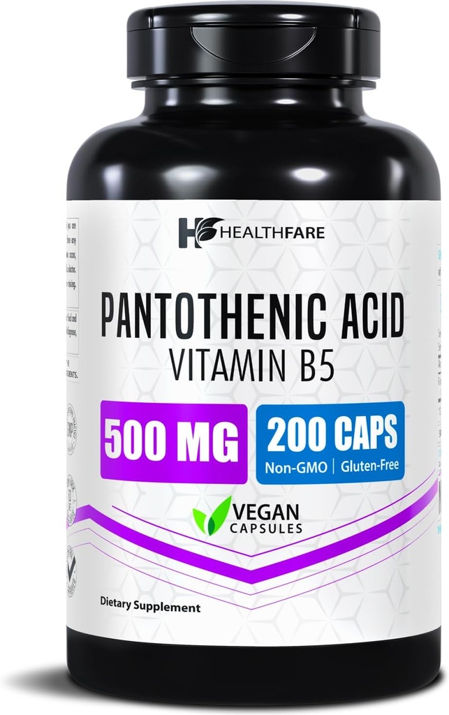 Healthfare Pantothenic 酸 500mg ビタミン B5 サプリメント | 200 ビーガンカプセル | 余分な強度エネルギー & 代謝サポート | 非GMO、グルテンフリー | アメリカ製