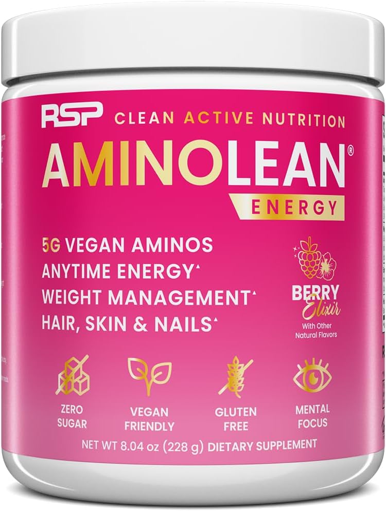 RSP NUTRITION AminoLean Pre Workout, Clean Energy with No Jitters, Tingles or Crash, Vegan Friendly with Added Biotin for Hair, Skin, Nails, Berry Elixir, 30 Servings