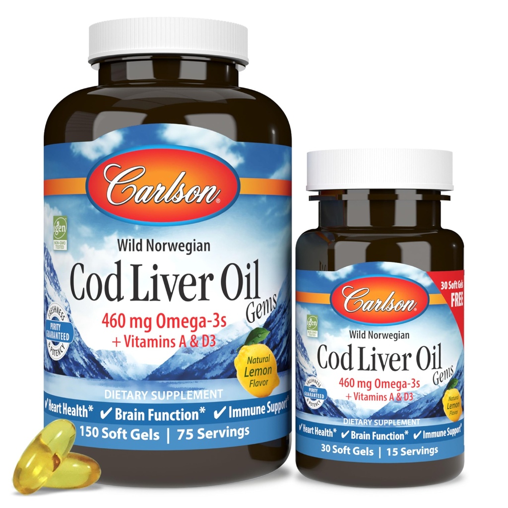 カールソン - タラ肝油の宝石, 460 mg Omega-3s, プラスビタミンAとD3, ワイルドキャッチ ノルウェーのアークティックコッド, 持続的に供給北欧魚油カプセル, レモン, 150 + 30 Softgels