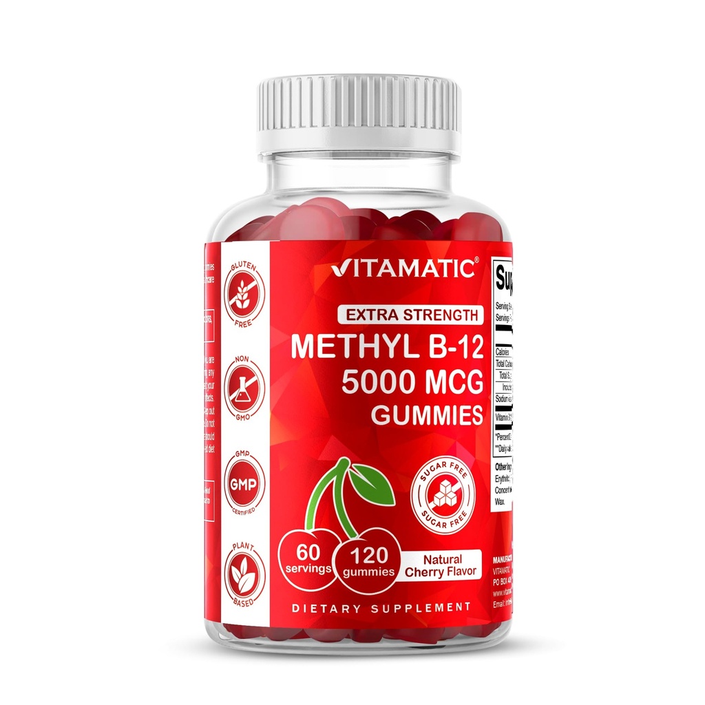 Vitamatic の余分強さのビタミン B12 5000 の mcg (メチル B12) ガミー - 120 の計算 - エネルギー代謝サポートおよび神経系の健康サポート、自然なチェリーの好まれる (1)