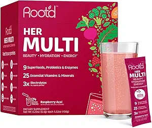女性のためのRoot'dマルチビタミンパウダー - 3X電解質、9有機スーパーフード、プロバイオティクス&酵素、砂糖フリーマルチビタミン&水分補給  24ビタミンドリンクミックスパケット