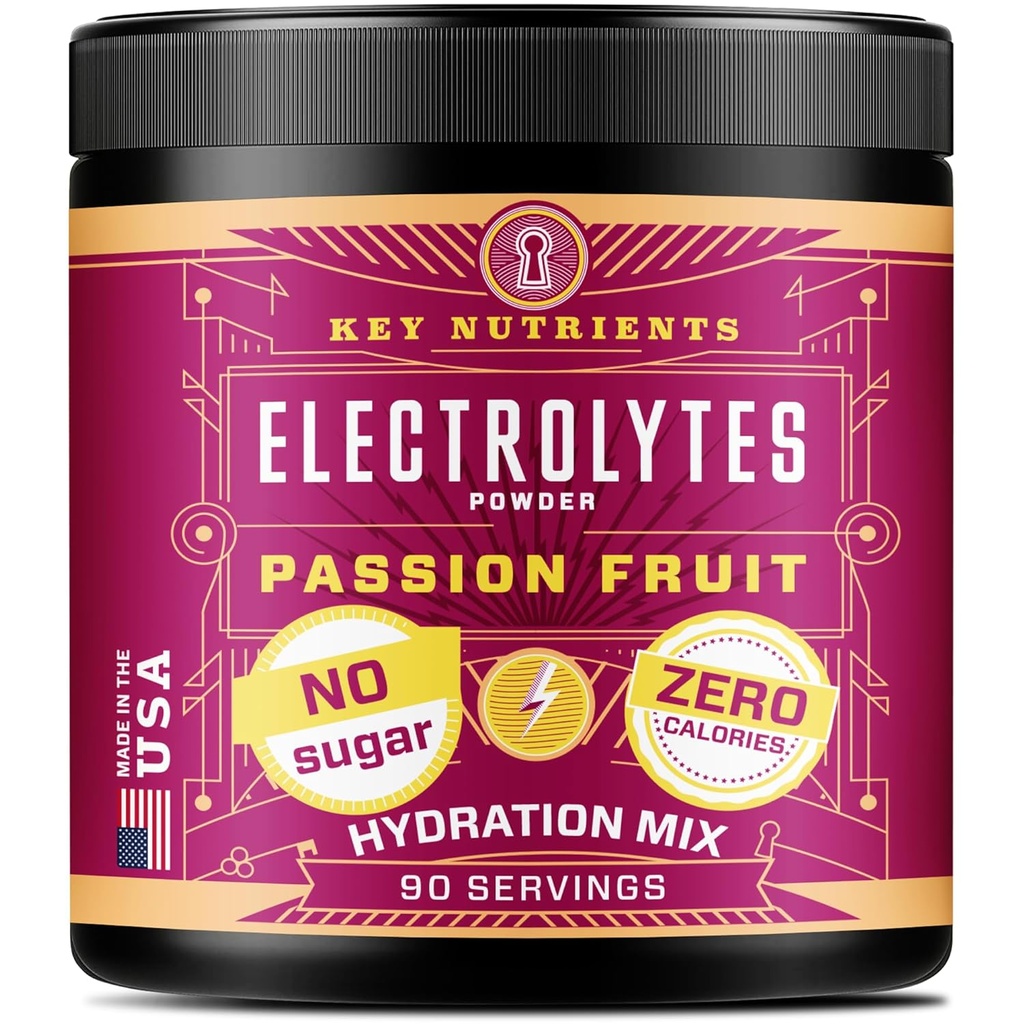 KEY NUTRIENTSのマルチビタミンの電解質の粉砂糖無し-おいしいパッションのフルーツの電解質の粉-持久力及びエネルギー補足-水和の粉-カロリー- 90のサービング-米国製