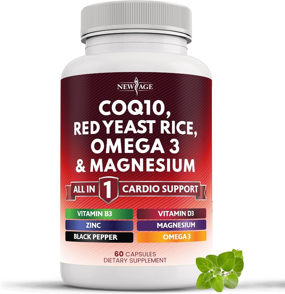NEW AGE COQ10 200mg Red Yeast Rice, Omega 3, Magnesium Complex, Zinc Vitamin K2 D3 - Heart Health Support Vitamins for Women and Men with Vitamin B3, Coenzyme Q10-60 Count