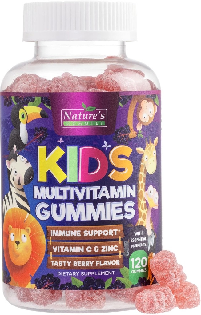 子供のためのマルチビタミン - ビタミンD、ビタミンB、ビタミンB、亜鉛、その他 - エネルギー、メモリフォーカス&免疫健康サポート - ナチュラルベリー風味 - 120ガミー