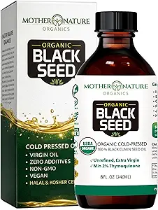 Mother Nature USDA Organic Black Seed Oil, High TQ 2%, Cold Pressed, Unrefined Nigella Sativa, Omega 3 6 9 for Immune, Joint & Heart Support, Hair & Skin, Non-GMO, Glass Bottle (8oz)
