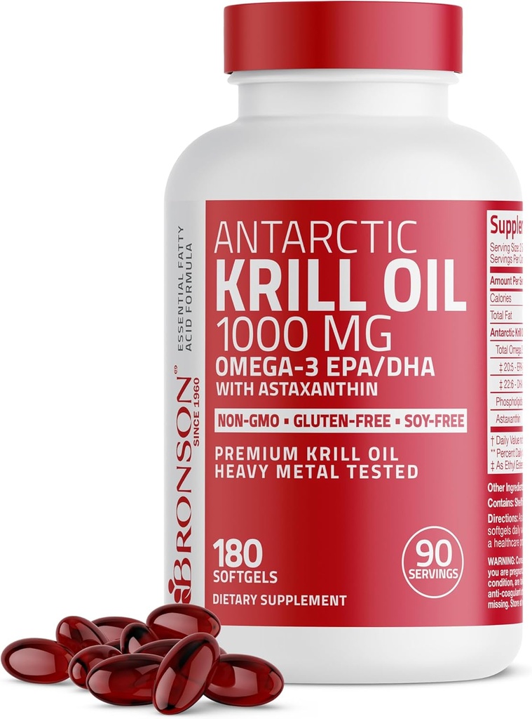 Bronson の Omega-3s EPA、DHA、Astaxanthin および Phospholipids 180 の Softgels が付いている Antarctic Krill オイル 1000 の mg