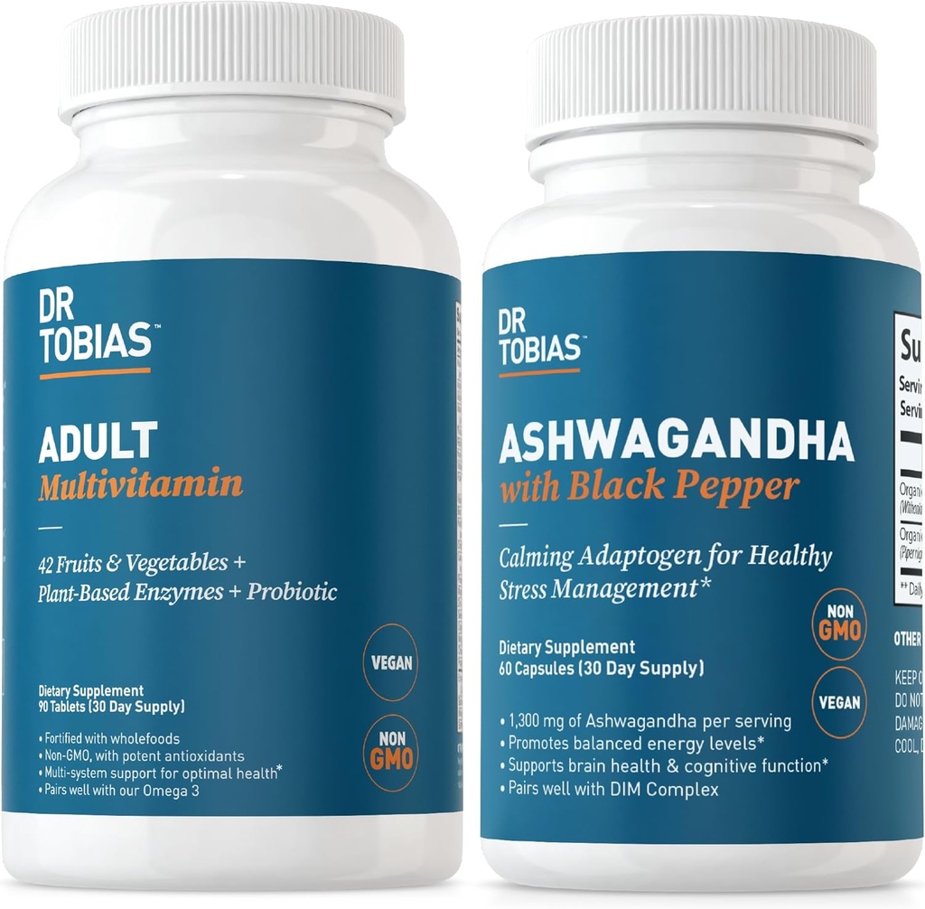 Dr. Tobias Adult Multivitamins and Ashwagandha Capsules, Support Overall Wellness & Balanced Energy & Resilience, Vegan, Non-GMO