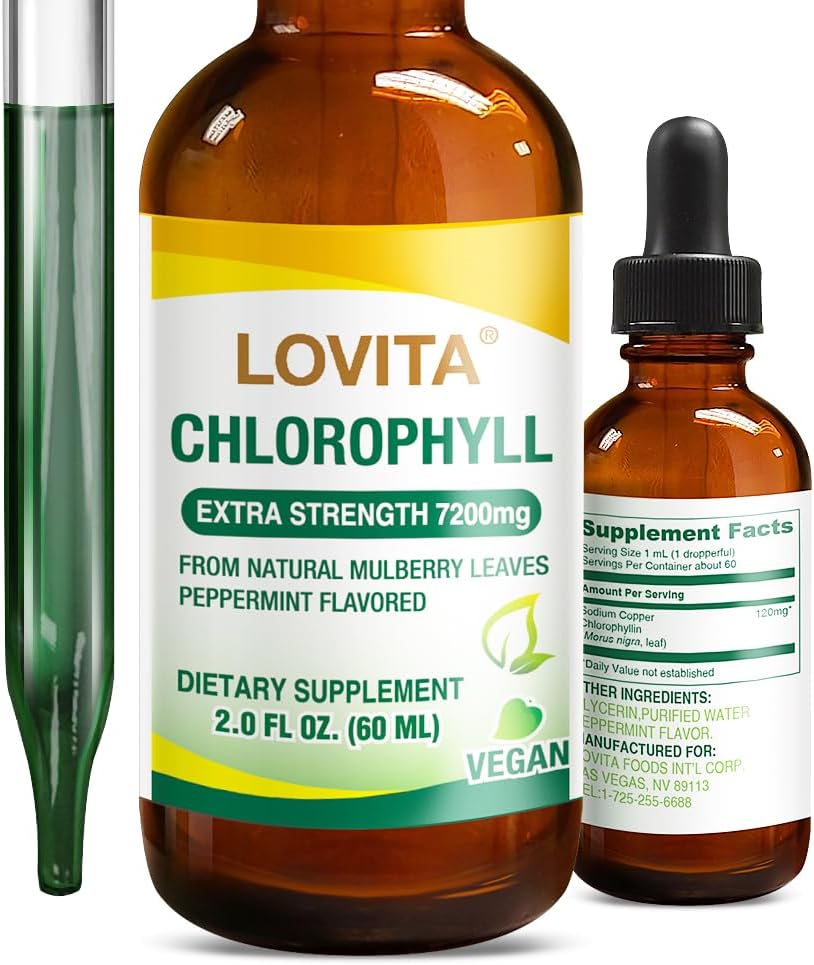 Lovita Chlorophyllの液体の低下、高い効力120のmg/mL、びんごとの7,200のmg、自然なエネルギー ブースター及び免疫サポート、内部消臭剤、皮の健康、ビーガン及び非GMOのミント味、60のサービング2 Oz