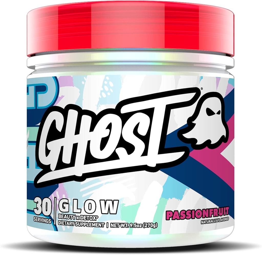 GHOST Glow: Beauty and Detox Support Formula - 30 Servings, Passionfruit - Skin Boosting Biotin and L-Theanine for Antioxidants for Hydration, Radiance, Complexion & Nourishment - Vegan, Gluten-Free
