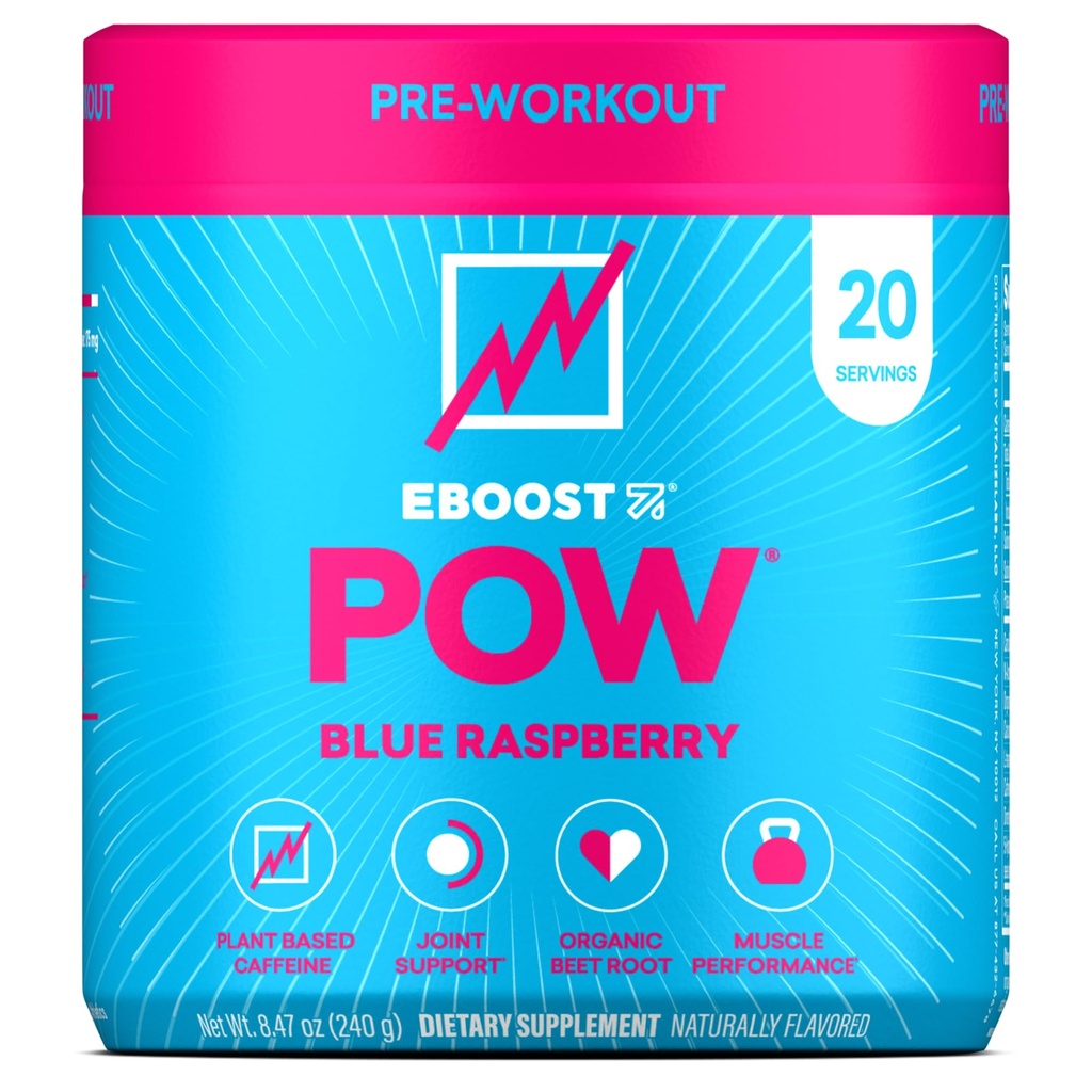 EBOOST POWナチュラルプレワークアウトパウダー - 20サービング - ブルーラズベリー - パフォーマンスのためのプレワークアウトサプリメント、共同モビリティサポート、エネルギー - 男性と女性 - 非GMO、グルテンフリー、クレアチンなし