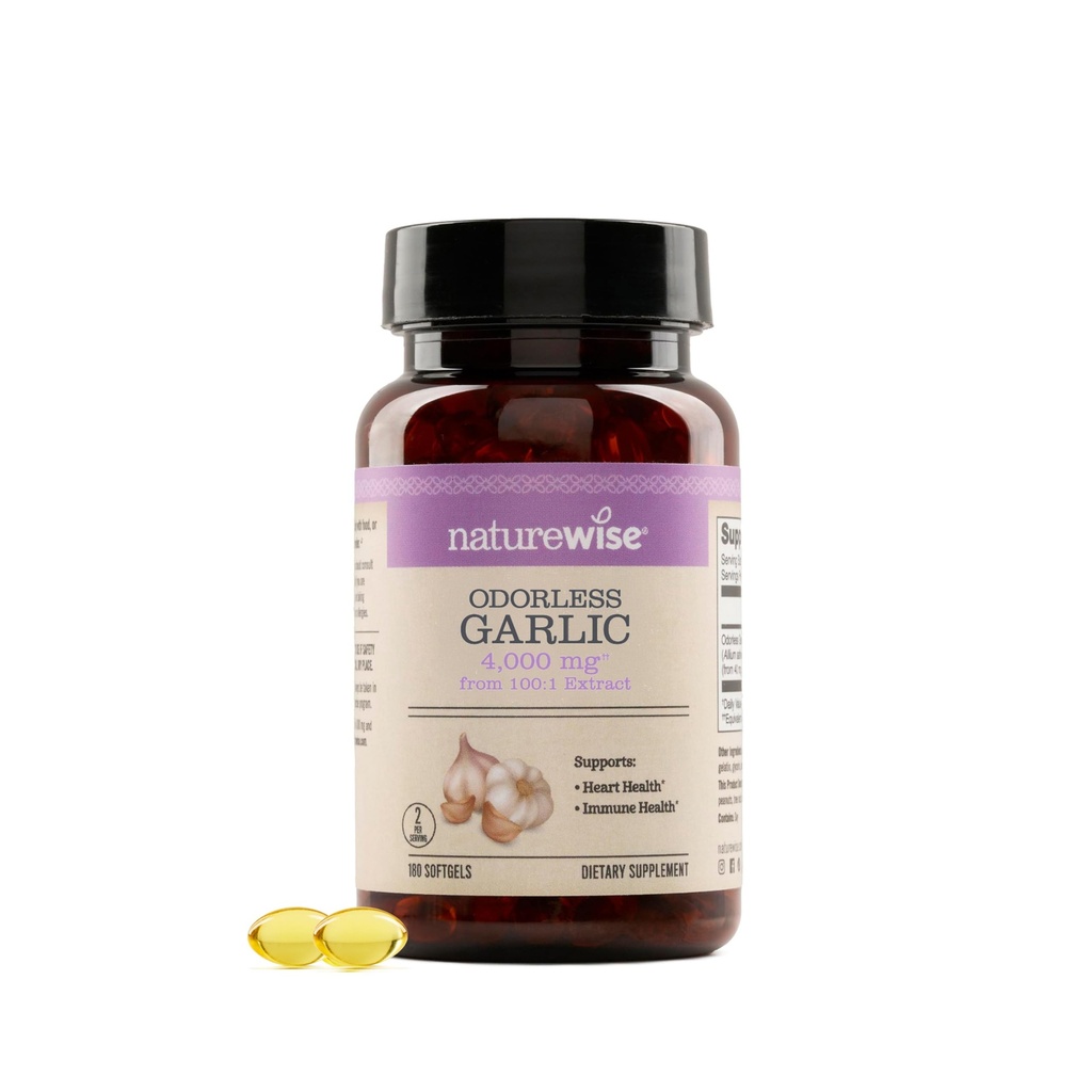 NatureWise 無臭のニンニクの補足4000mg -超強力な100:1のエキス-健康なコレステロールの方式、中心の健康サポート-非GMOのハラールのゼラチンとのグルテンフリー- 180の計算[90日の供給]
