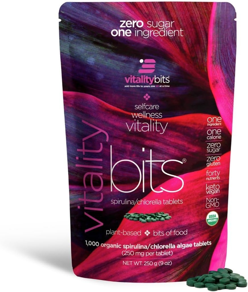 VITALITYbits - 有機ブレンドスピルリナ&クロレラ錠 - Algaeスーパーフード - エネルギー、セルフケア、美 - 緑を置き換える、サプリメント、タンパク質、スナック - ビーガン、ケト、グルテンフリー1000錠バッグ