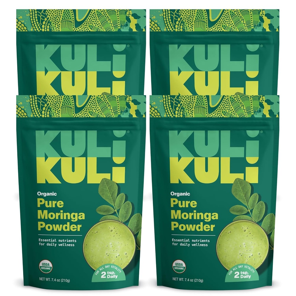 Kuli Kuli Kuli Moringa Oleiferaオーガニックリーフパウダー&グリーンスムージー、100%純粋なUSDA認定&非GMOモリンガパウダー、スムージー、紅茶、食品、4パック