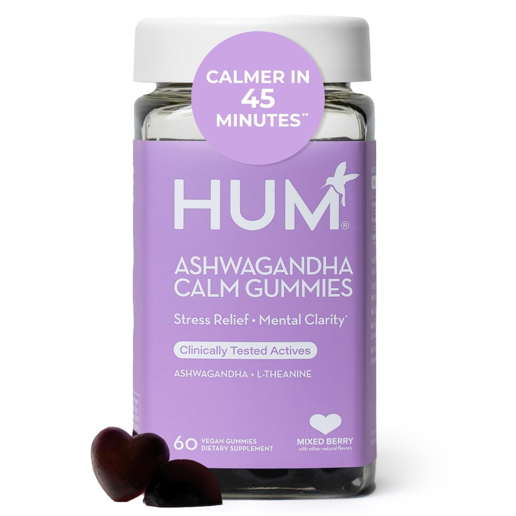 女性と男性のためのHUM Calm Ashwagandha Gummies, L-Theanine Ashwagandhaは、毎日のリラクゼーションのためのサプリメント & 明白サポート, ビーガン高速行動ガミーフォーミュラ, ミックスベリー風味, 60 グミ