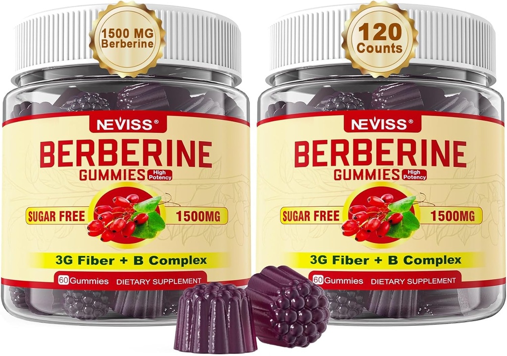 NEVISS Berberineの補足1500mgの3G Prebiotic繊維、B1 B3 B6のAMPKのアクティベーター、女性および人のための砂糖の自由なBerberine HCLのグミー-サポート免疫システム、消化器、2pack 120 Cts