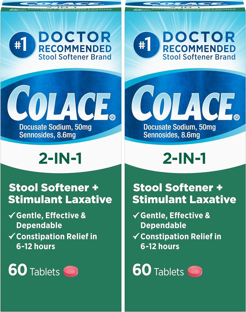コレース 2-in-1 スツール軟化剤プラス 興奮剤 有効便秘救済、Docusate ナトリウムプラス セノシド、60 カウント (パッケージ 2)
