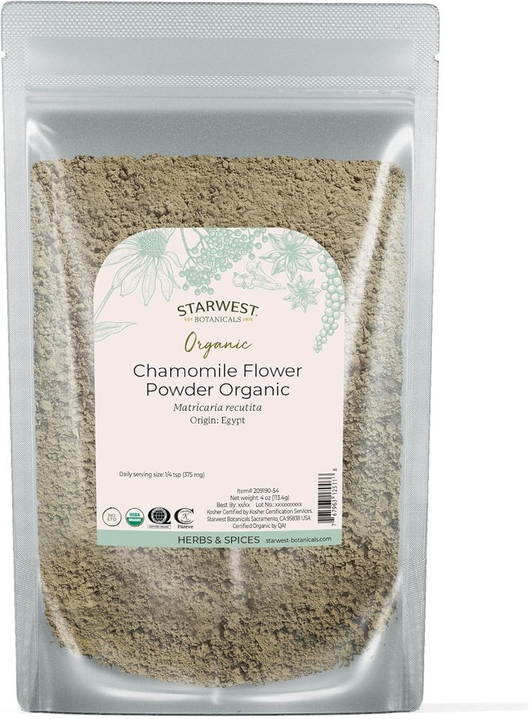 Starwest Botanicals Organic Chamomile Flower Powder - 乾燥ロースリーフハーブ、ハーブローション、ベーキング、エジプト、認定コーシャ、非GMO - 4ozポーチ
