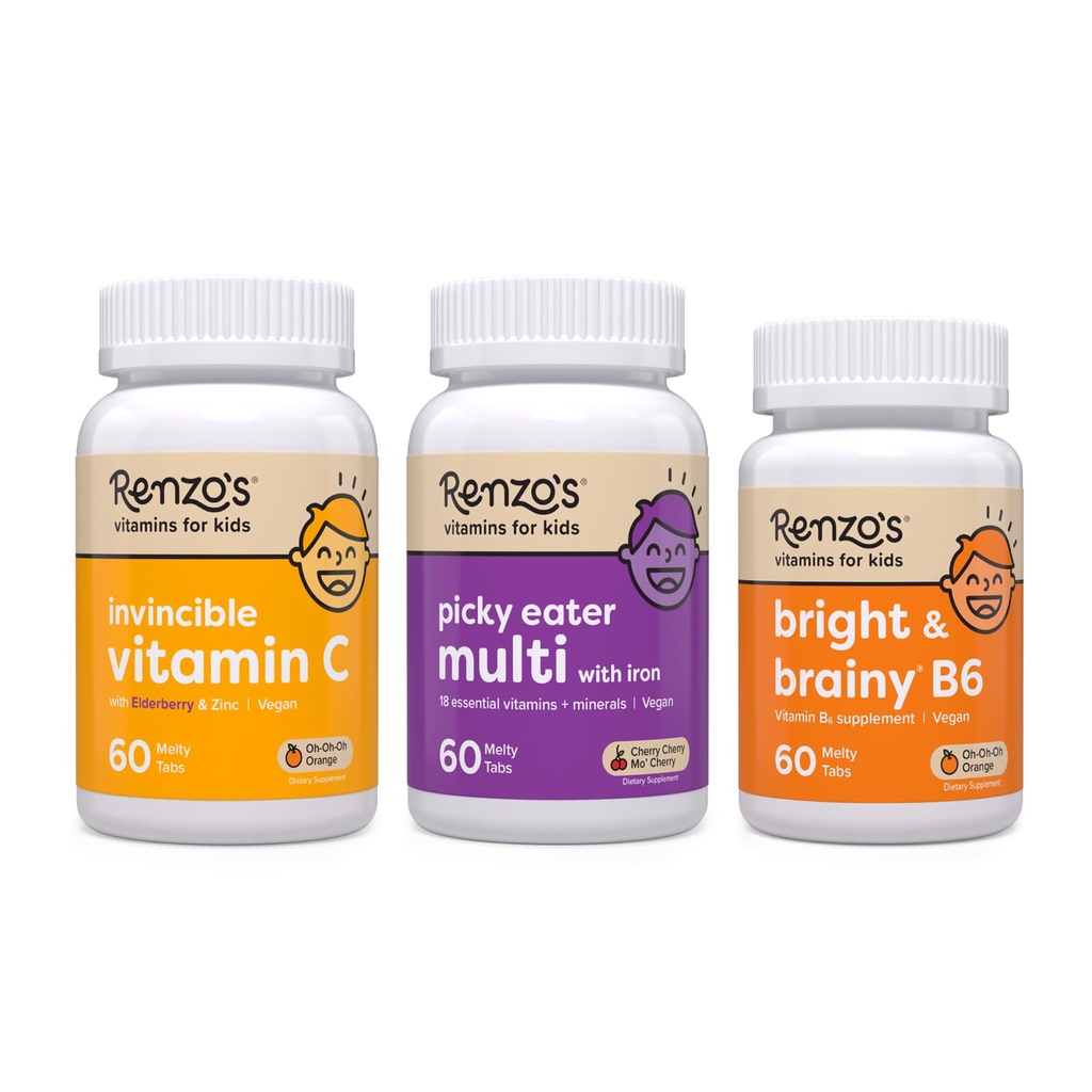 Renzo のビタミンは学校バンドル、明るく及び頭脳のビタミン B6、Picky Eater の子供 Multivitamin、および免疫サポートのための Elderberry 及び亜鉛が付いている子供のビタミン C を支持します