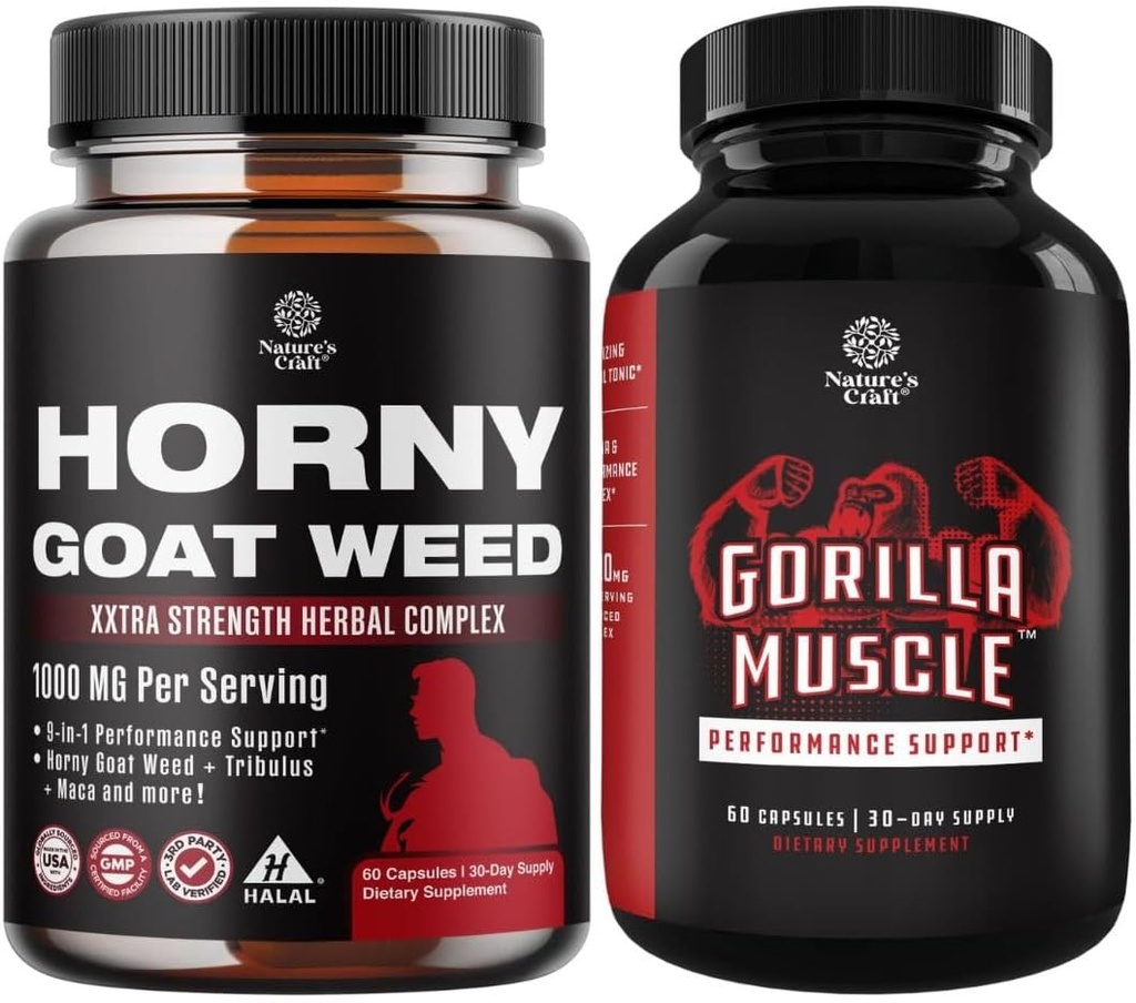 Bundle of Horny Goat Weed Extract Complex for Men and Women Enhanced Energy and Stamina and Extra Strength Testosterone Booster for Men for Muscle Enlargement Stamina and Strength