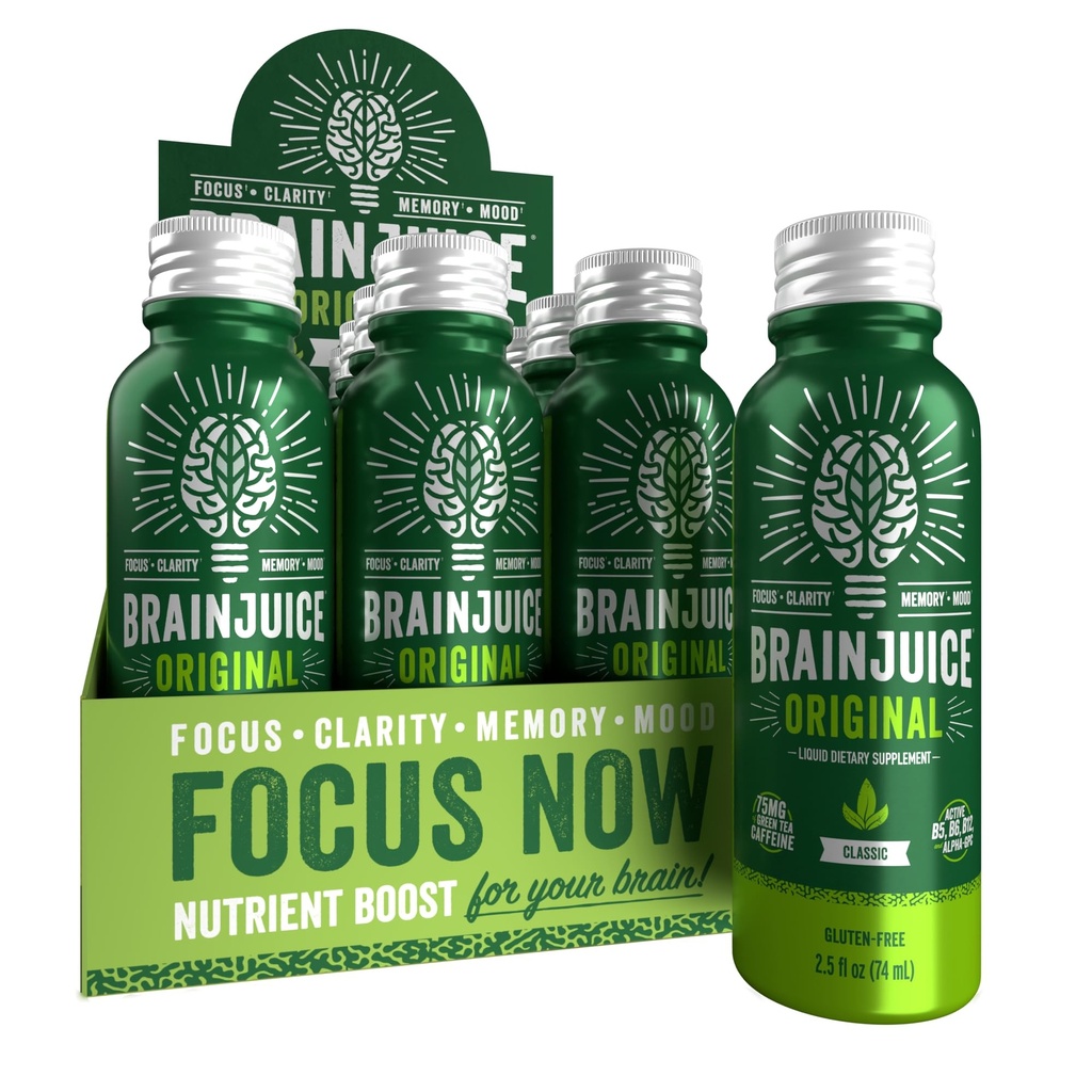BrainJuice Brain Support Shot, Gluten Free Supplement Shots for Energy & Focus, Healthy Drinks with Alpha GPC, Vitamin B, 2.5 fl oz, 12 Pack (Classic)