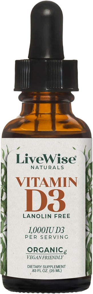 LiveWise NaturalsオーガニックビタミンD3液体ドロップ、ビーガン、非GMO、植物ベースの、200 IU /ドロップ、免疫、骨、および気分の健康、MCTオイル1000 IUで
