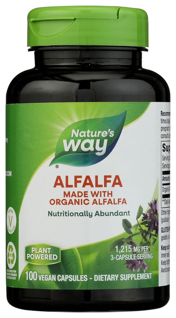 Nature's Way Alfalfa, 有機アルファルファで作られた, 1,215 3カプセルサービングあたりmg, アルファルファハーブカプセル, グルテンフリー, 完全菜食主義者の, 100カプセル (パッケージ 5 月 Vary)