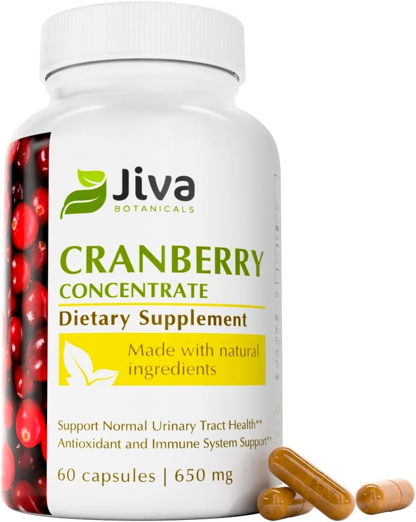 Jiva Botanicals Concentrated Cranberry Supplement - 650 mg Cranberry Powder Extract Pills for Women - High Potency for Normal Urinary Tract Health - 60 Capsules (Pack of 1)
