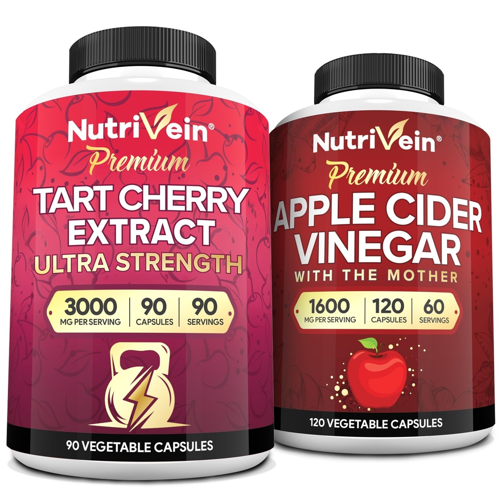 Nutriveinプレミアムタルトチェリー500mg&Apple Cider Vinegar 1600mgバンドル - 筋肉の回復と尿酸クレンジングプラス消化サポートと重量管理 - 非GMO、ビーガン/ベジタリアン - 90 + 120ピル