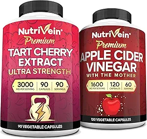 Nutriveinプレミアムタルトチェリー500mg&Apple Cider Vinegar 1600mgバンドル - 筋肉の回復と尿酸クレンジングプラス消化サポートと重量管理 - 非GMO、ビーガン/ベジタリアン - 90 + 120ピル