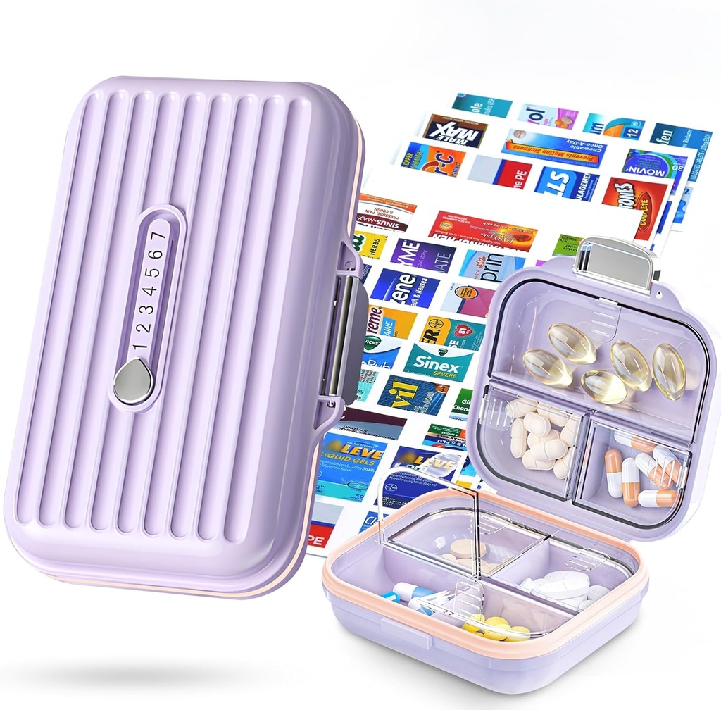 薬のラベルが付いている旅行丸薬のオルガナイザー箱、2Pack 7のコンパートメントの携帯用丸薬の箱、毎日の薬のオルガナイザーの貯蔵のPillの容器(Purple、S+L 2pack)