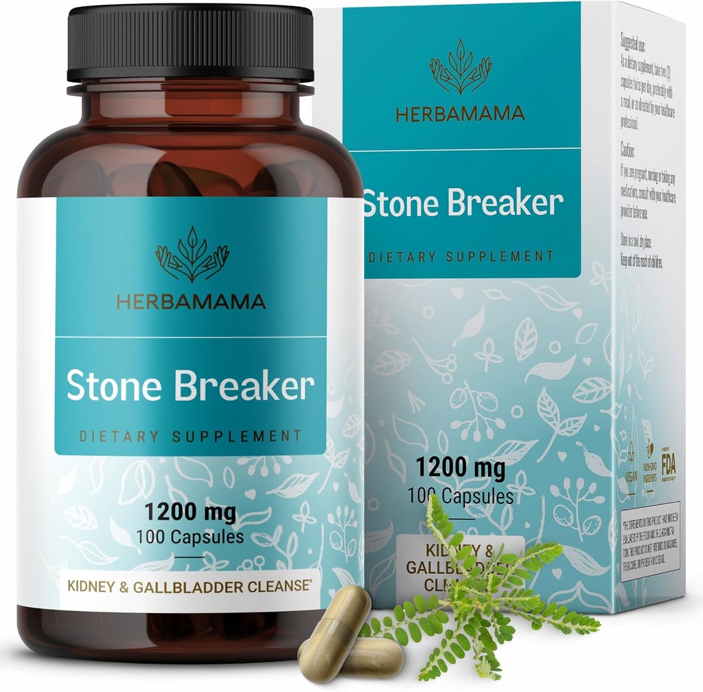HERBAMAMA Chanca Piedra Stone Breaker Capsules 1200mg - Kidney Stone Breaker, Gallbladder Cleanse & Urinary Tract Support - Vegan, Non-GMO Kidney Supplement