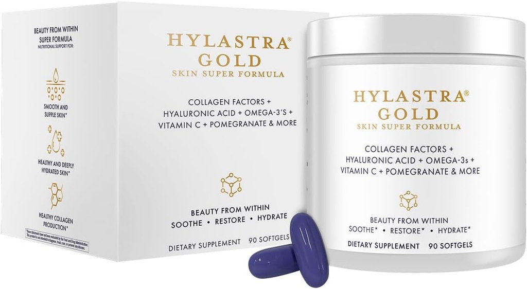 Purity Products Hylastra Gold Softgels Collagen + Hyaluronic Acid + Beauty Boosting Powerhouse Ingredients - Increased Skin Hydration & Elasticity - Reduces Fine Lines & Wrinkles - 90 Softgels