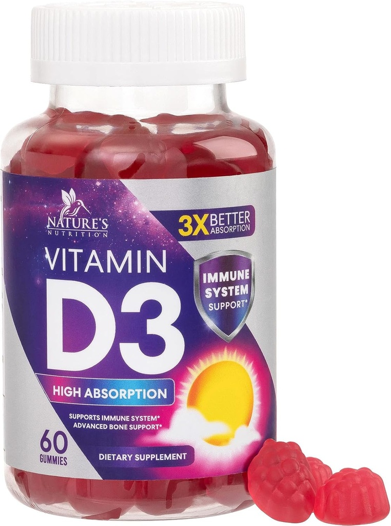ビタミンD3 Gummy 5000 IU (125 mcg) - 女性のビタミンDサプリメント - 骨、歯、筋肉、免疫の健康サポート、高効力VIT D3自然非GMO&グルテンフリー - 60グミ