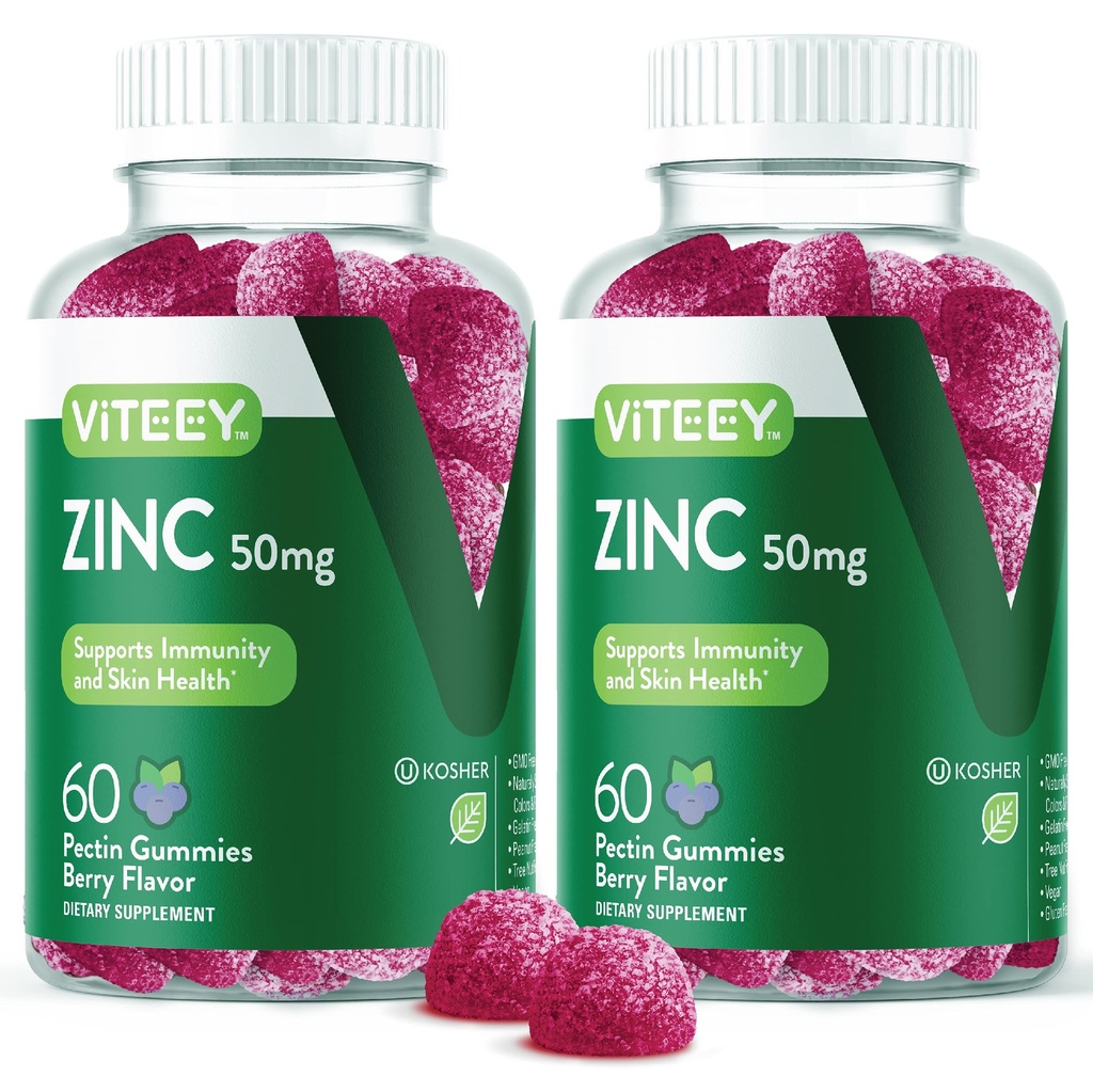 男性と女性のためのVITEEY亜鉛グミ - 亜鉛サプリメント50mg - 免疫ブースト&皮膚の健康 - ビーガン、グルテンフリー - 120カウント