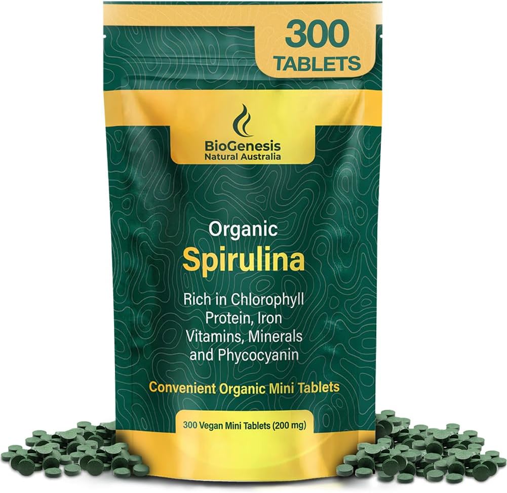 バイオジェネシス有機スピルリナミニ錠 - 300カウント(200mg)  オーストラリアはブルーグリーン藻を育てる  フィコシアニン、クロロフィル&ビタミン豊富な  毎日エネルギーと免疫をサポート  ビーガンミニタブ
