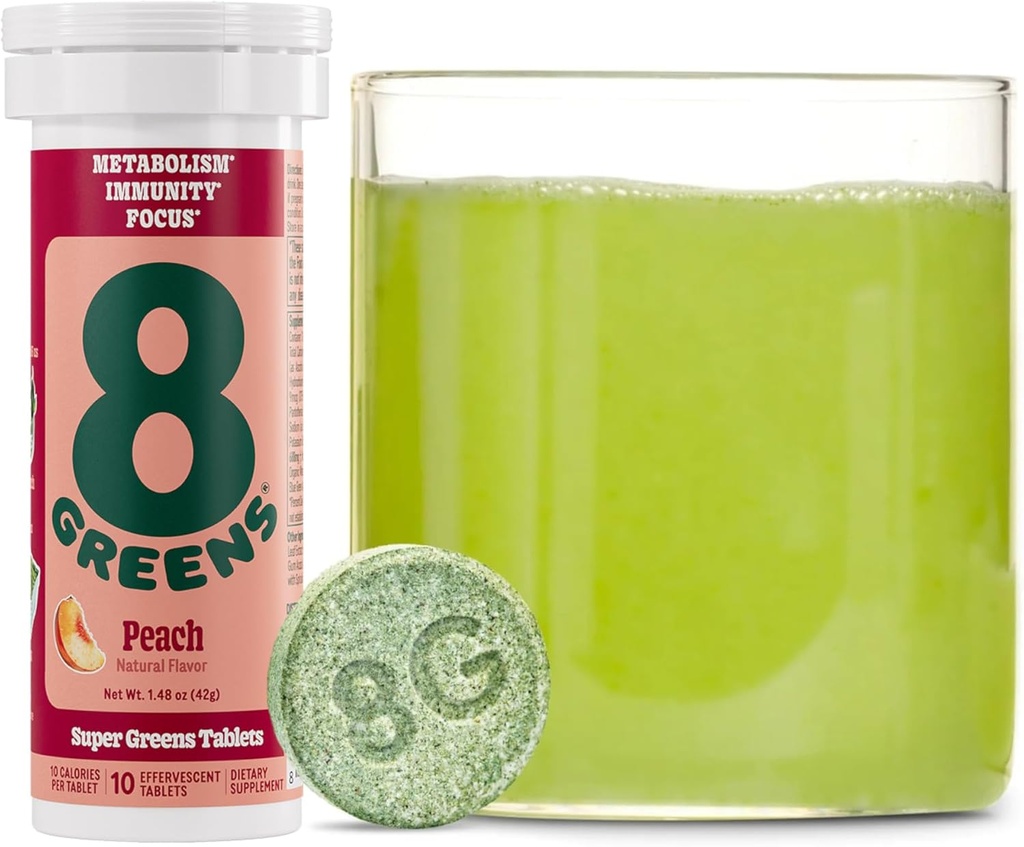 8GreensのSupergreensのタブレット 極度の緑の粉のSuperfoodのタブレット、Metabolismの免除及び焦点、毎日緑のEffervescentのタブレット、有機性:アロエVera、Spirulina、Chlorella、ピーチ、10のサービング