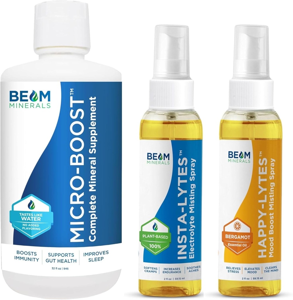 Beam Minerals Micro-Boost Humic Mineral Blend and Insta-Lytes Natural Liquid Electrolytes 2oz and Happy-Lytes Fluvic Electrolyte Misting Spray 2oz