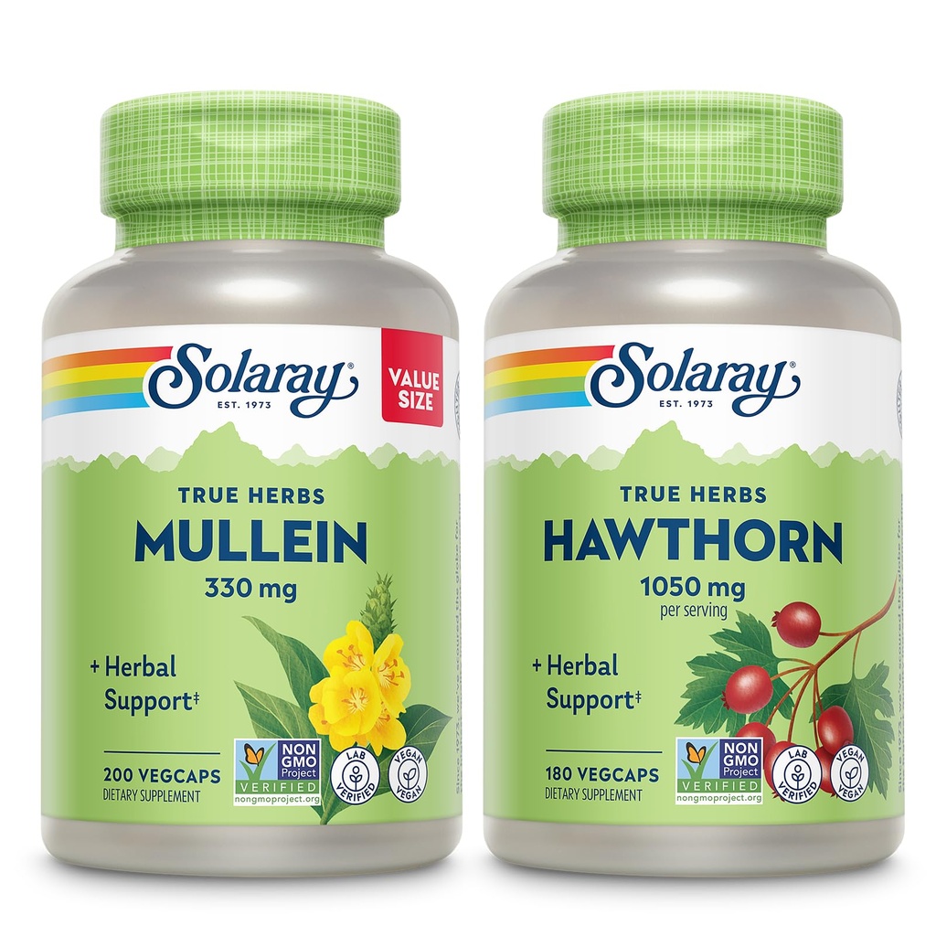 SOLARAY Mullein リーフ 330 mg と Hawthorn ベリー カプセル 1050 mg - 全体的な健康とウェルネスのためのハーブ サポート バンドルをソーシング - 完全菜食主義者、非GMO、60 日の保証、ラボ 検証済み、200/180 VegCaps