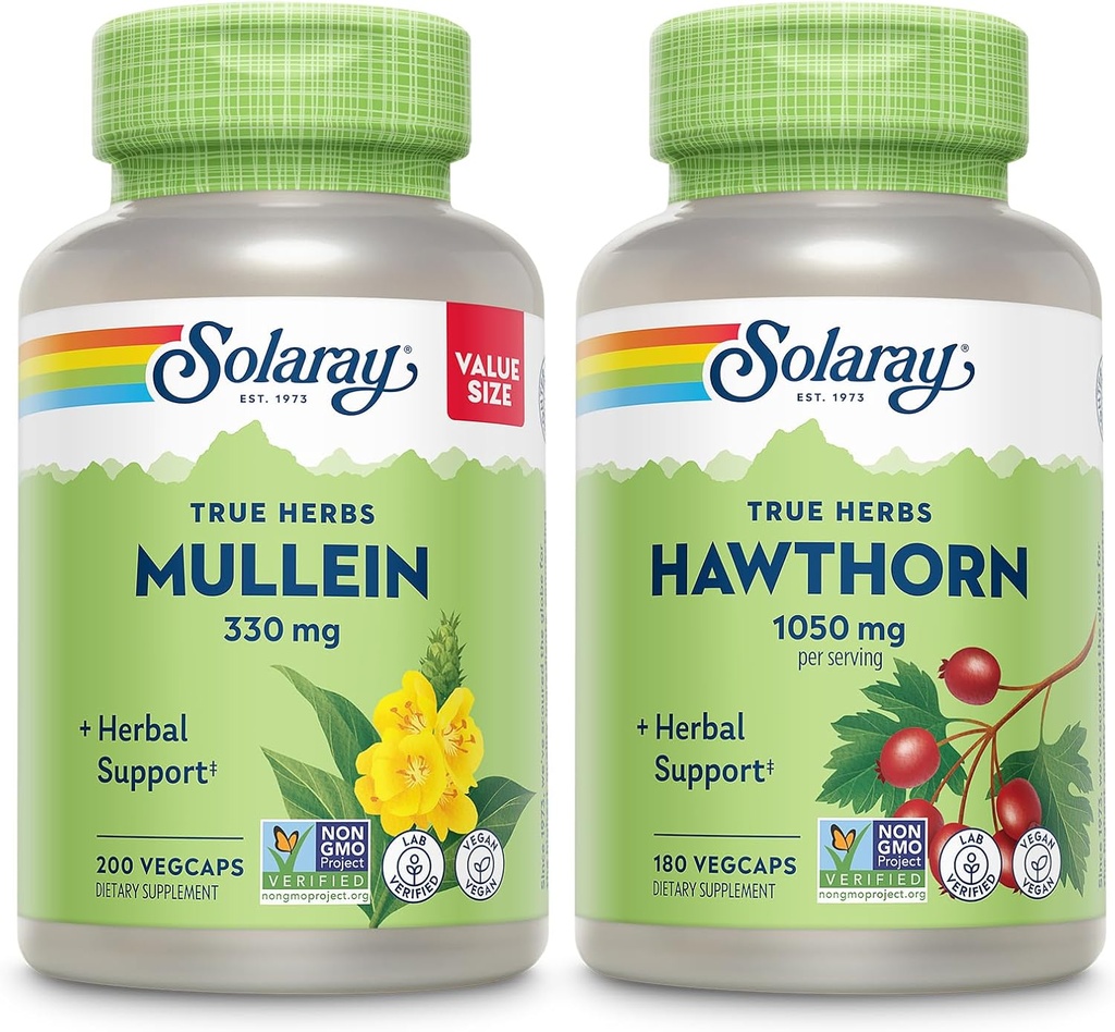 SOLARAY Mullein リーフ 330 mg と Hawthorn ベリー カプセル 1050 mg - 全体的な健康とウェルネスのためのハーブ サポート バンドルをソーシング - 完全菜食主義者、非GMO、60 日の保証、ラボ 検証済み、200/180 VegCaps